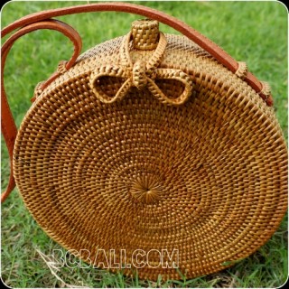 rattan hand woven ata handbag full handmade circle short handle leather